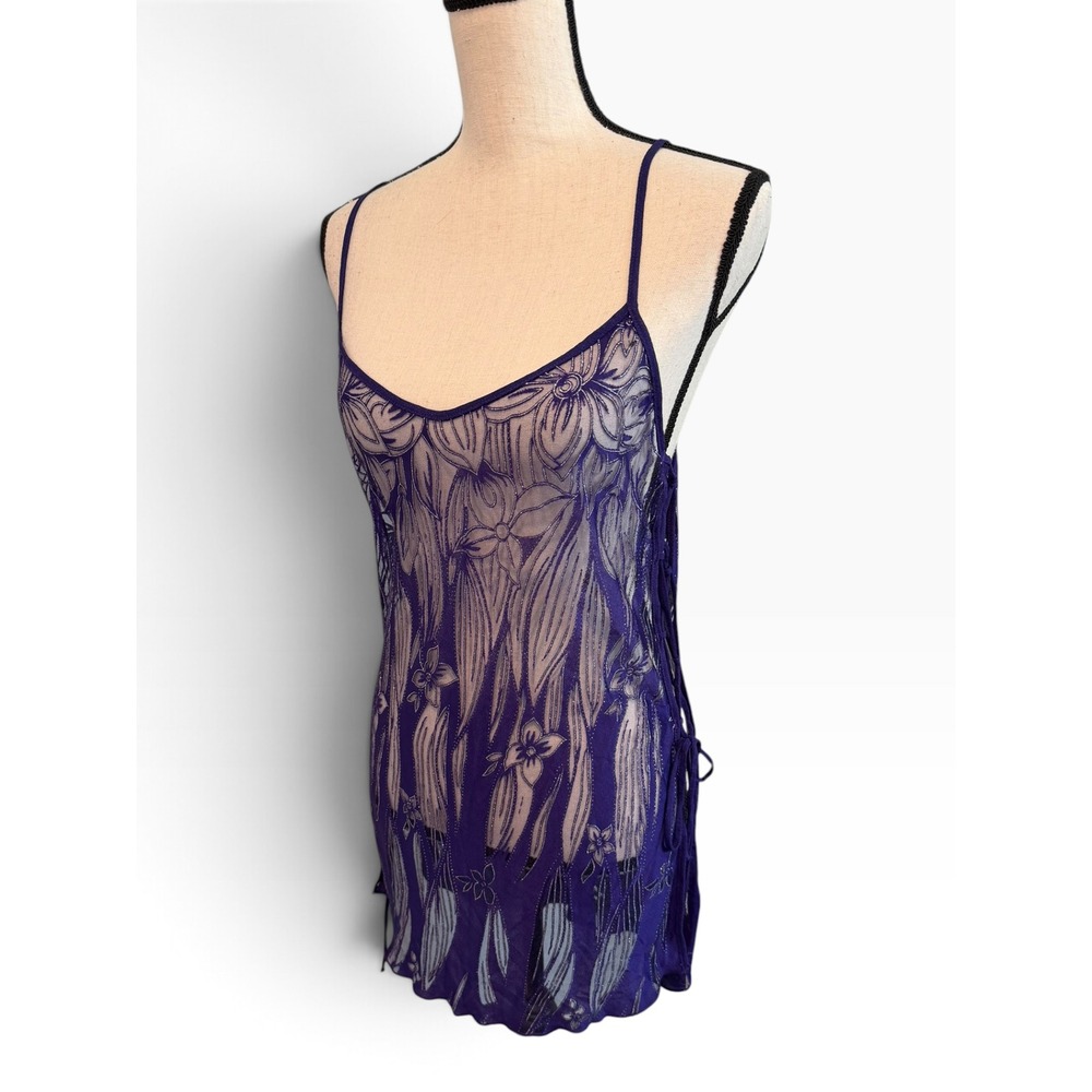 Vintage Shirley of Hollywood Purple Glitter Floral Lace Up Mesh Chemise Large